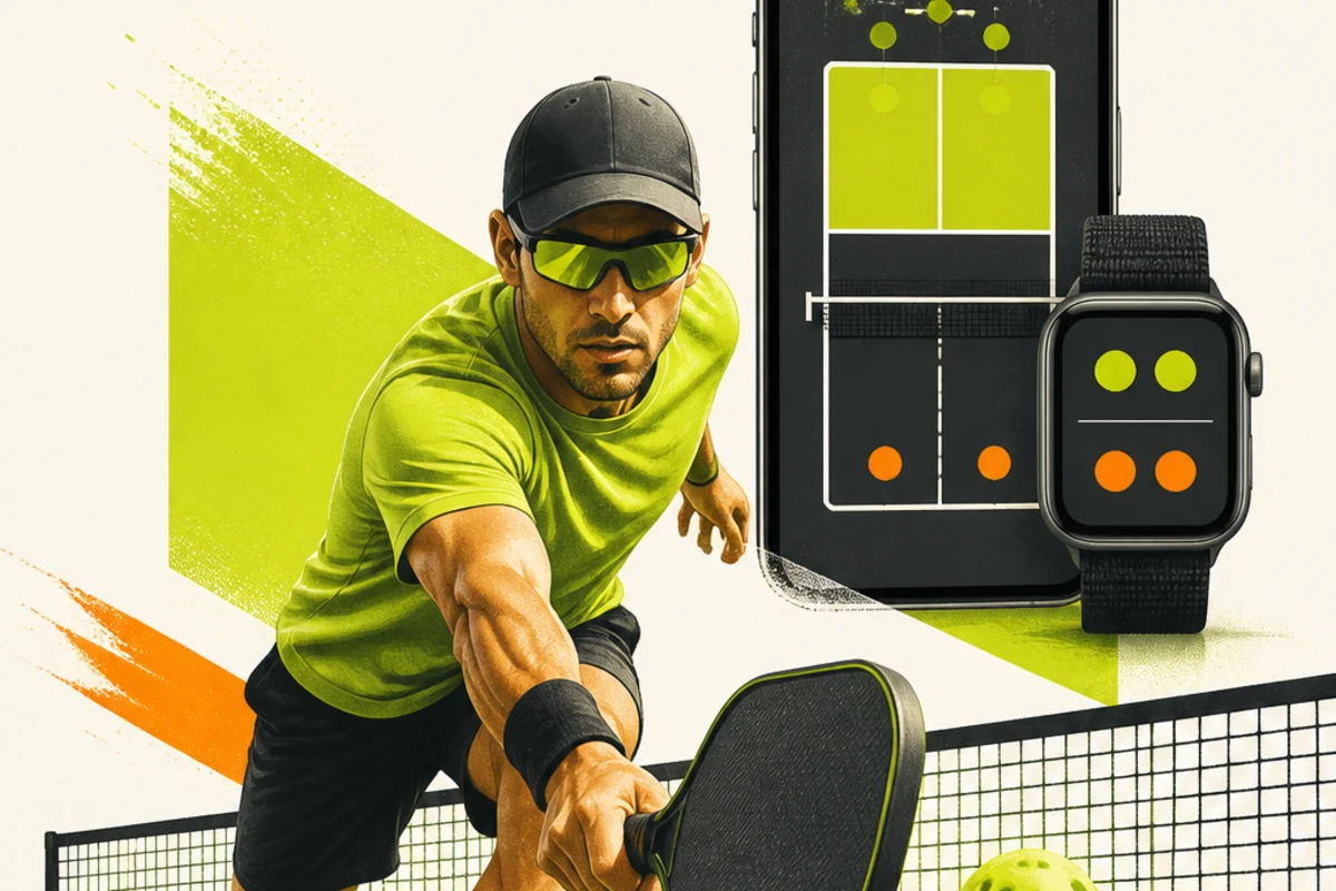 An original pickleball player lunging at the kitchen line with a solid paddle, perforated ball, iPhone and Apple Watch.