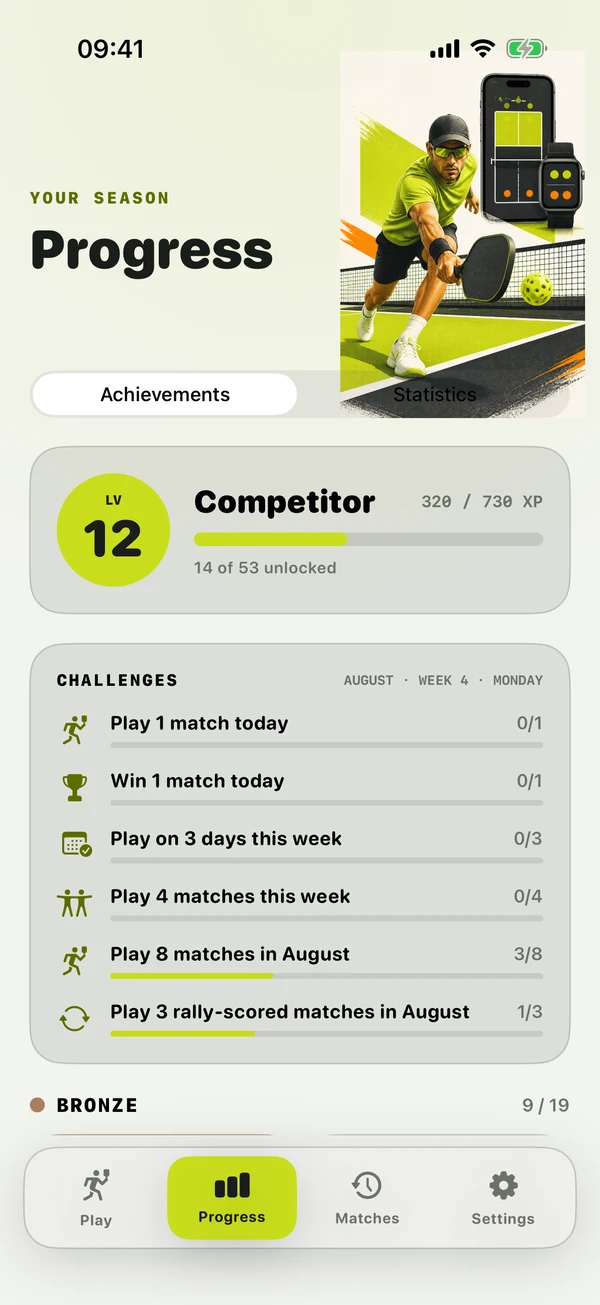 The Picklematic progress screen: level 13 Competitor with an XP bar, 15 achievements unlocked, and a list of daily and weekly challenges.