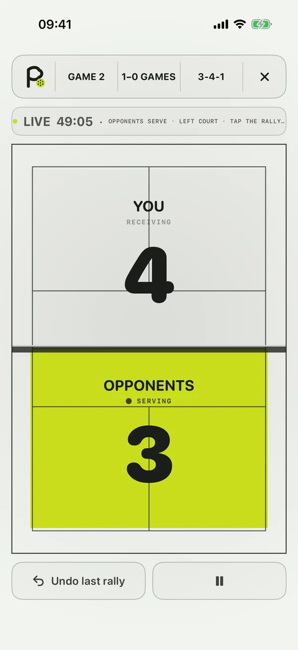 The Picklematic pickleball scoreboard during a side-out game, showing both scores, the serving side, server number and an undo control.