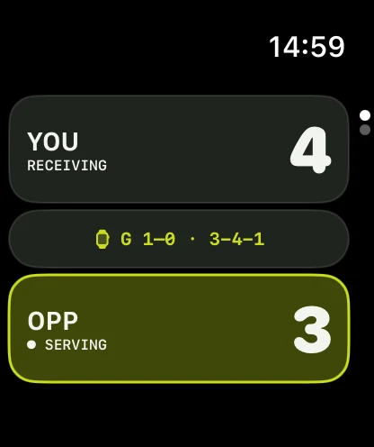 The Picklematic watch app showing a live pickleball score, serving side and server number.